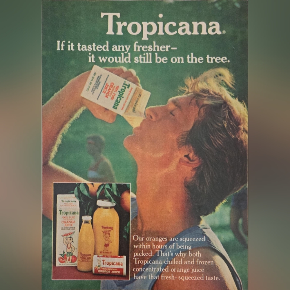 1980 Tropicana Orange Juice Vintage Print Ad Sweaty Man Drinking, Glass Bottles